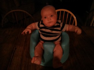 too chubby for the Bumbo - BUT I love the bumbo - we call it the poop chair, it always help them clear their bowels and makes for happier babies :)
